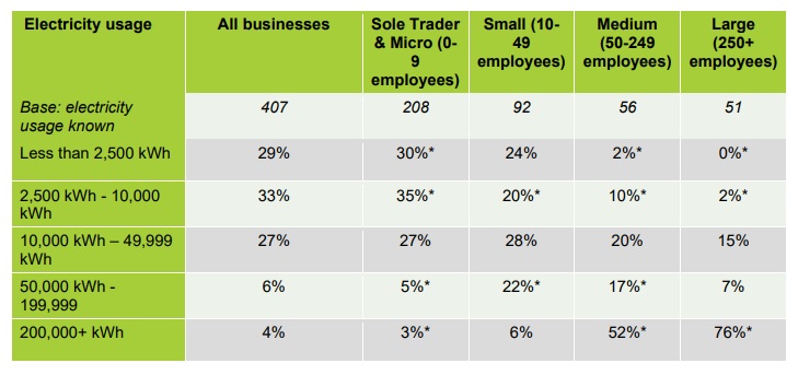 Annual electricity usage, by business size